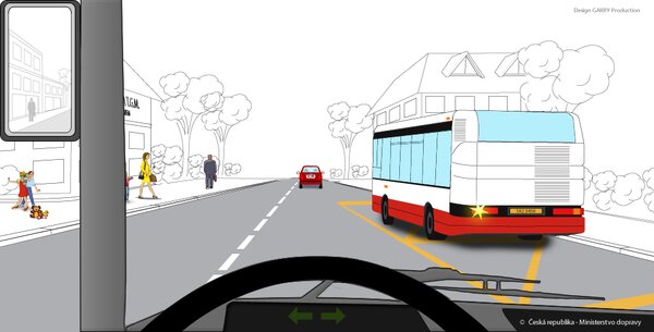Jedete v obci jako řidič vozidla z výhledu. Je vaší povinností umožnit autobusu vyjetí ze…