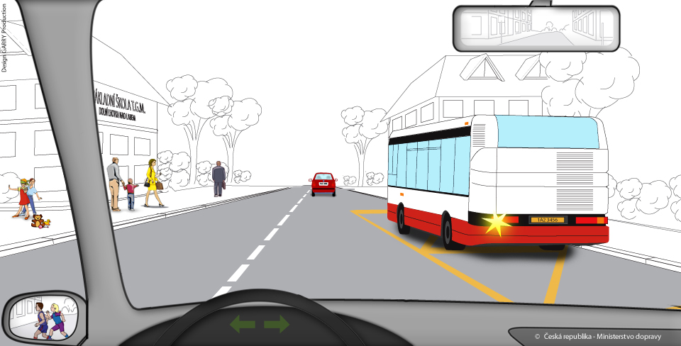 Jedete v obci jako řidič vozidla z výhledu. Je vaší povinností umožnit autobusu vyjetí ze…